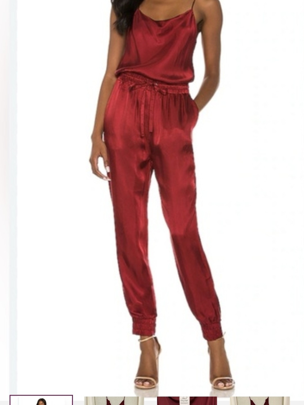 5 Á 7 cinq a sept Satin Cowl-Neck Jogger Jumpsuit in Ruby